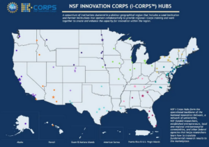 Carte illustrant les différents Innovation Corps (i-Corps) Hubs aux États-Unis, regroupés par couleur. Credits : US National Science Foundation. Carte interactive disponible ici 