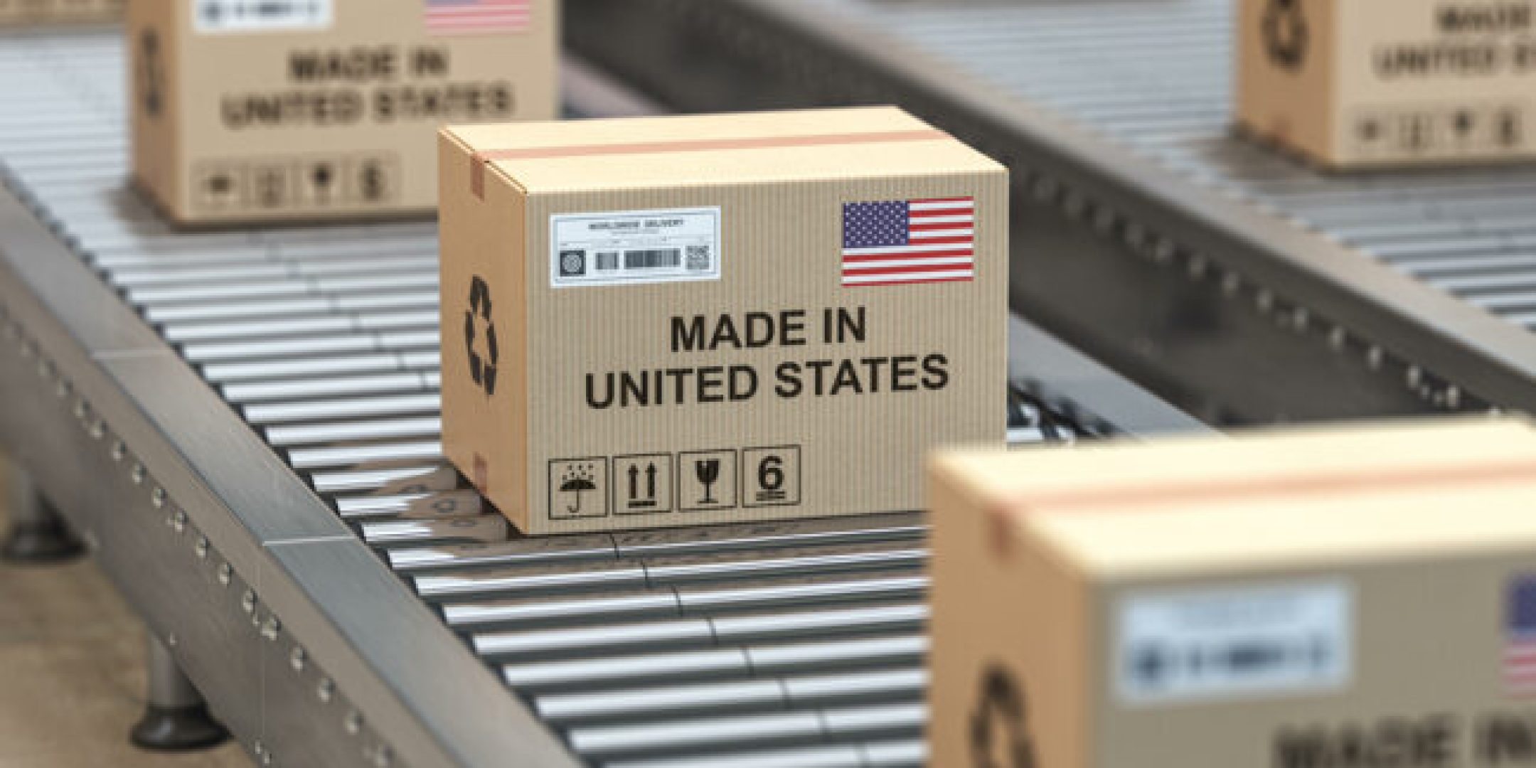 Made in USA. Cardboard boxes with text made in United States and  US flag on the roller conveyor. 3d illustration