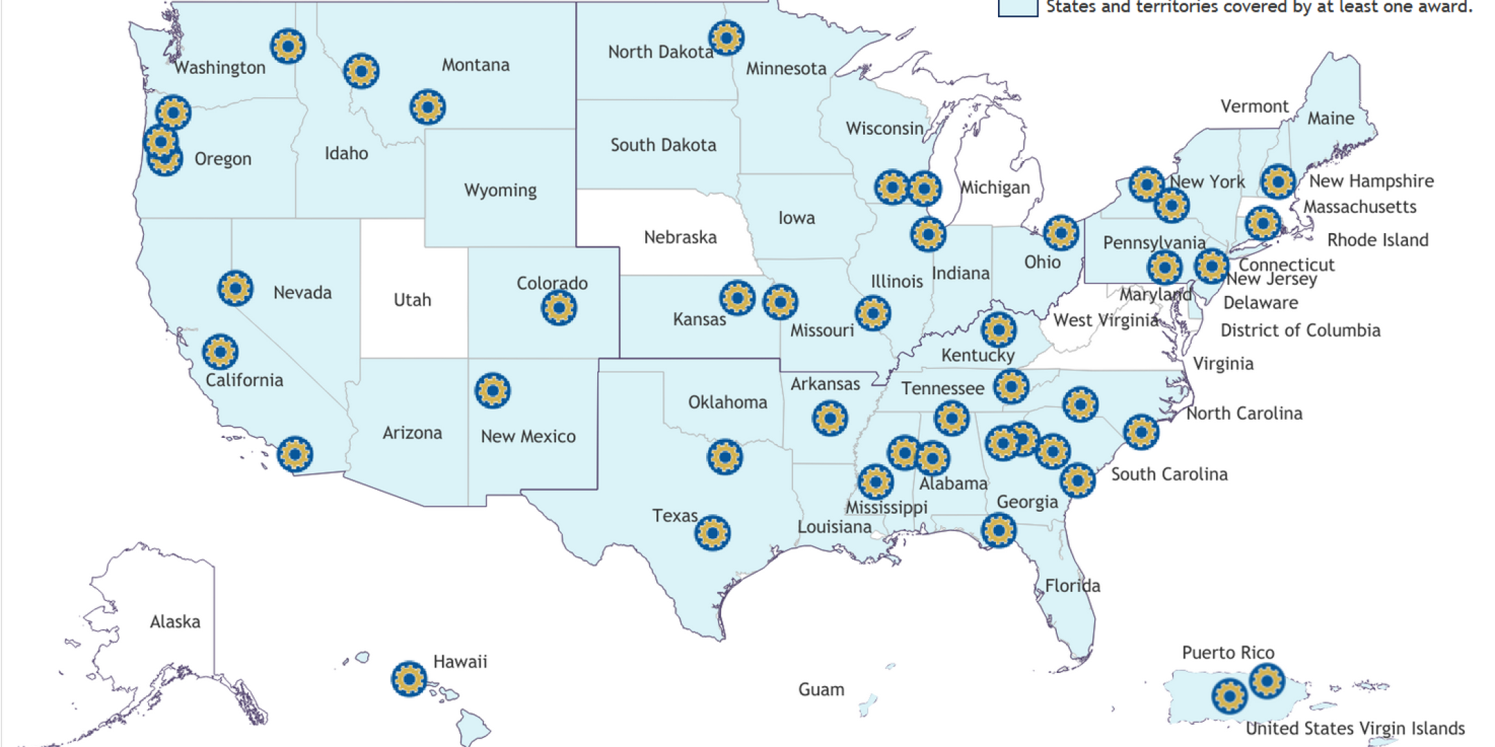 Cartographie de la répartition des 44 prix NSF Engines à travers les Etats-Unis (source : NSF).