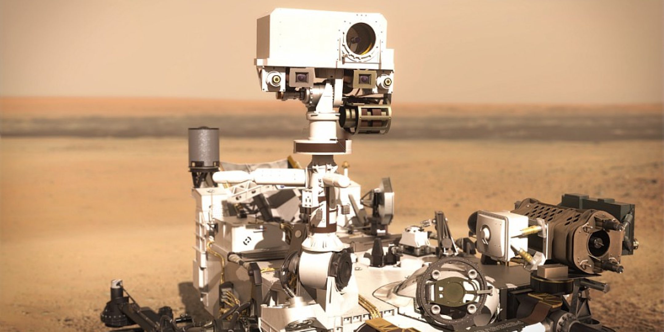 Illustration du rover Peseverance de la mission Mars 2020. Zoom sur l'instrument Supercam.